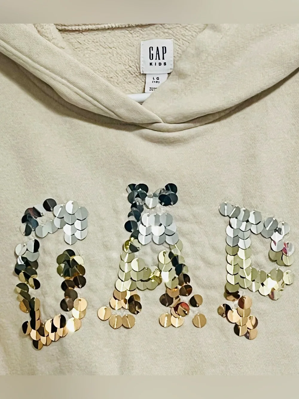 GAP Beige Sequin Logo Hoodie - Girls Casual Sweater